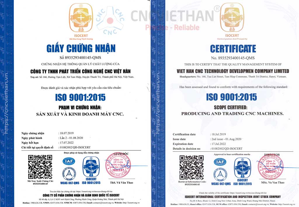 Chứng chỉ ISO CNC Việt Hàn